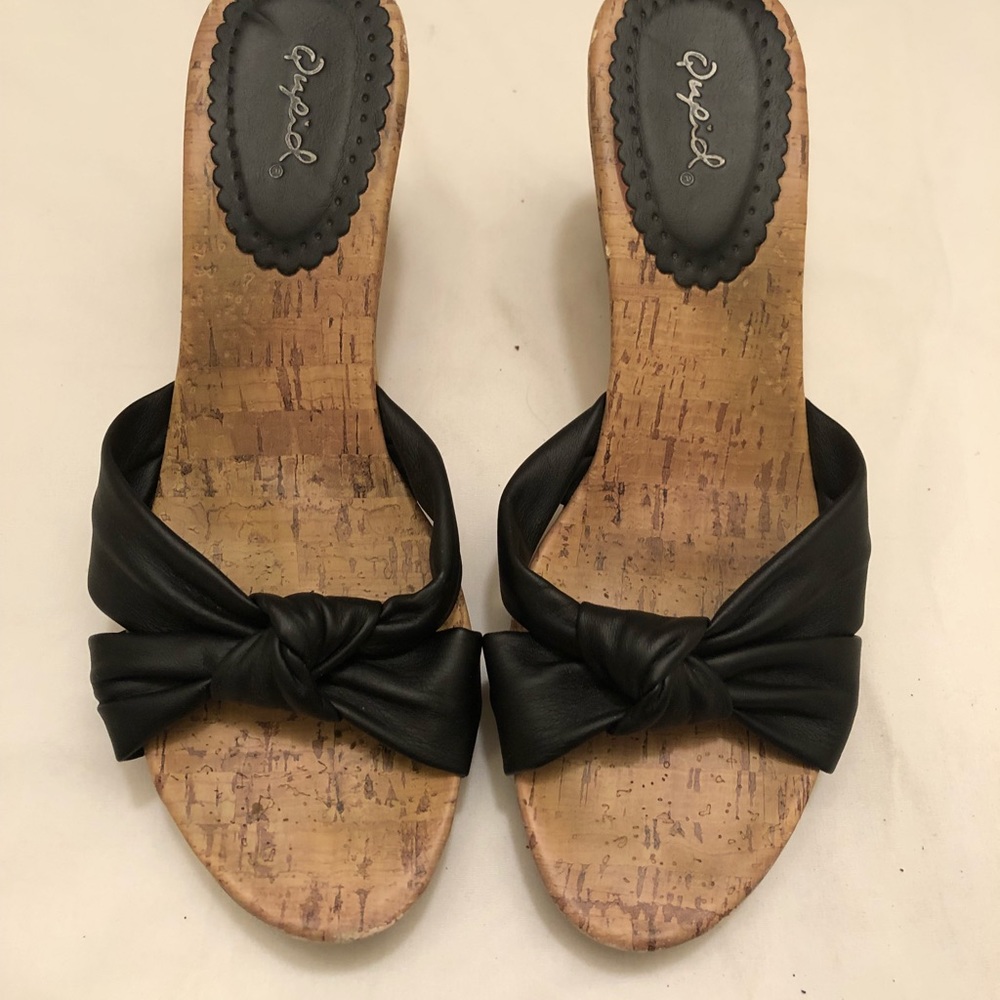 Qupid Black and cork platform wedge shoes